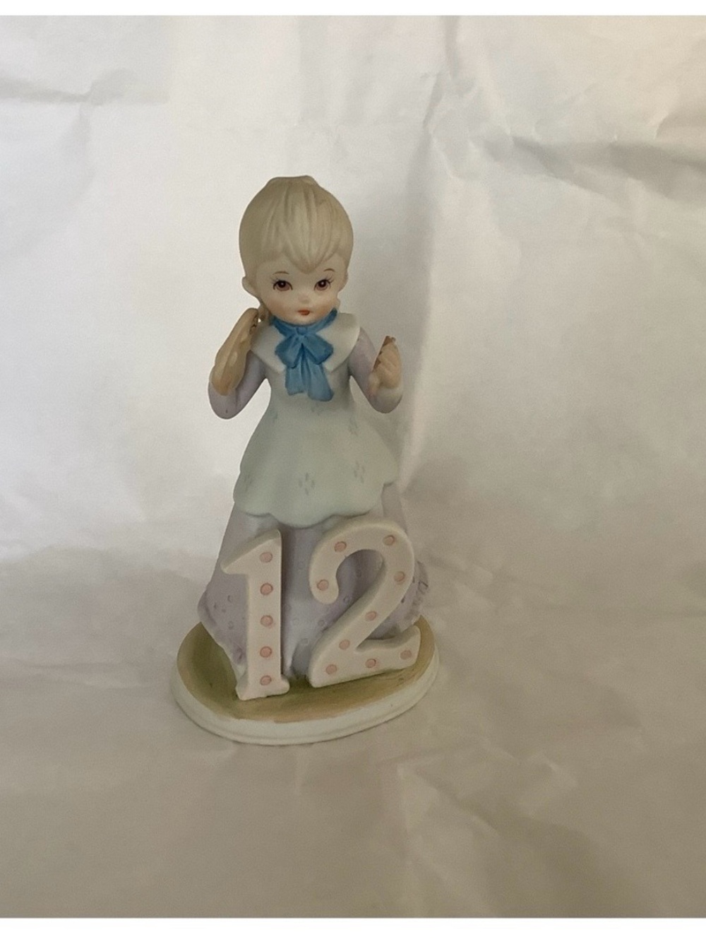 Lefton Porcelain Girl Figurine with Blue Bow and White Dress